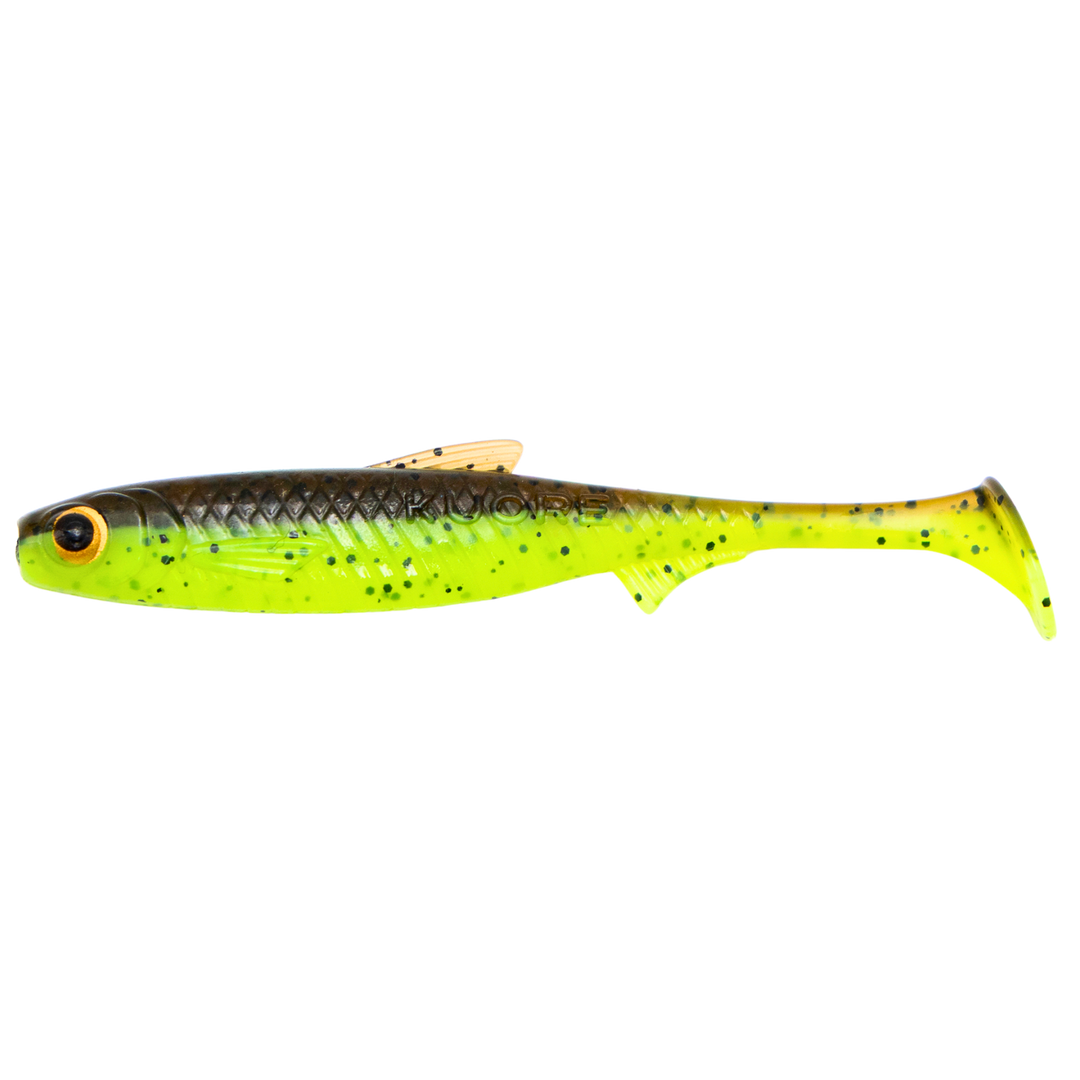 Kuore Recoil 9cm 4.2g Jigi Chartreuse Brown UV sivulta, pää vasemmalla
