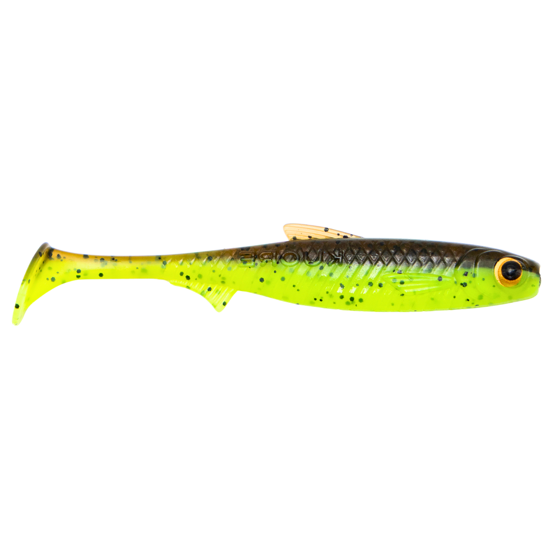Kuore Recoil 9cm 4.2g Jigi Chartreuse Brown UV sivulta, pää oikealla
