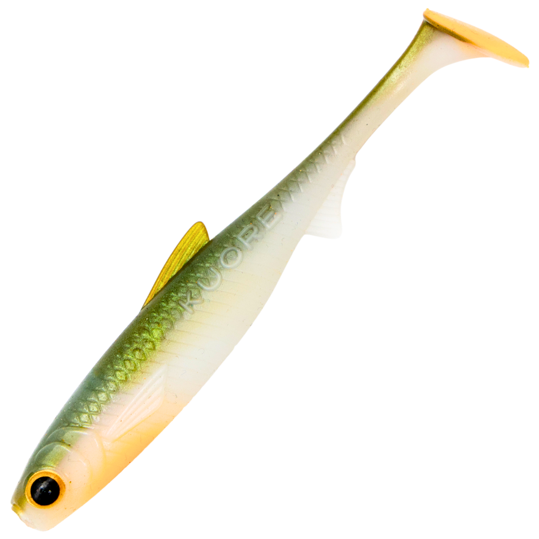 Kuore Recoil 9cm 4.2g Jigi, väri Fire Olive UV: oliivinvihreä selkä, valkoinen kylki ja oranssi vatsa