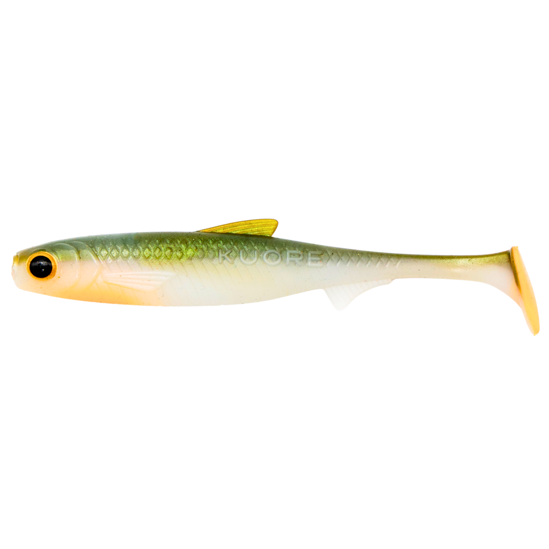 Kuore Recoil 9cm 4.2g Jigi Fire Olive UV sivulta, pää vasemmalla