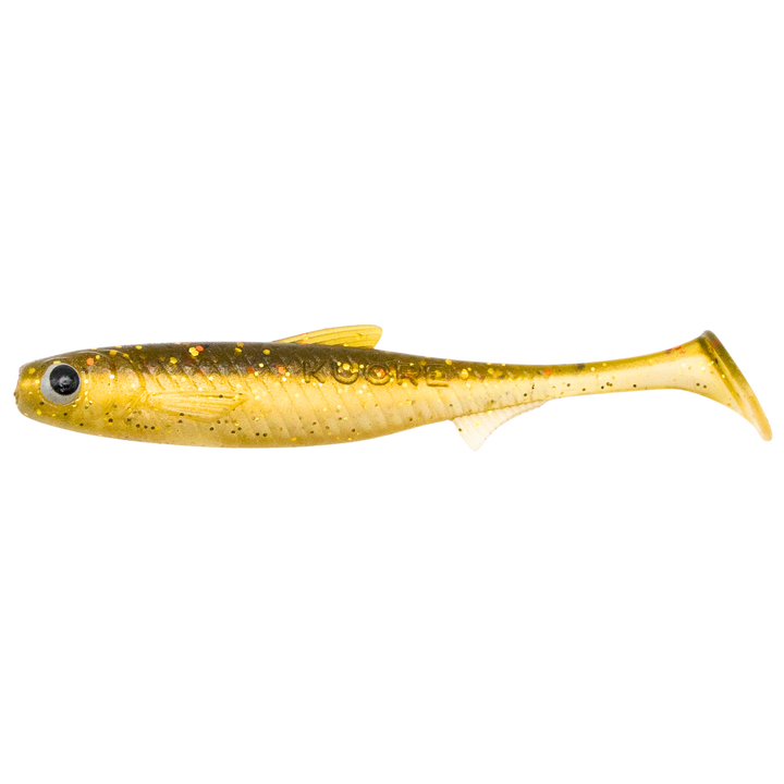Kuore Recoil 9cm 4.2g Jigi Ghost Gold sivulta, pää vasemmalla