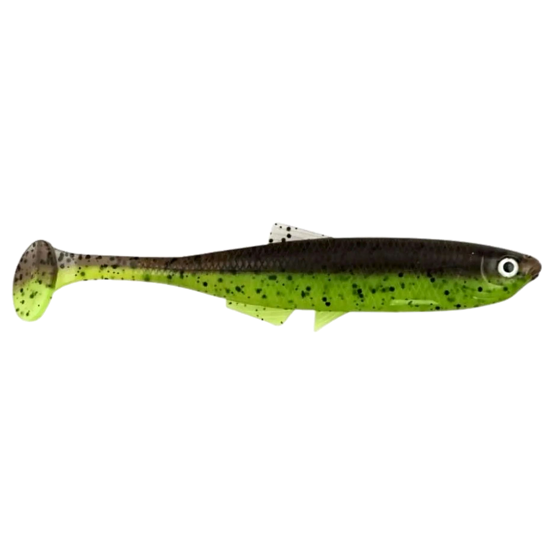 LMAB KØFI Bleak Shad Jigi 12cm Green Pumpkin/Chartreuse sivulta, pää oikealla