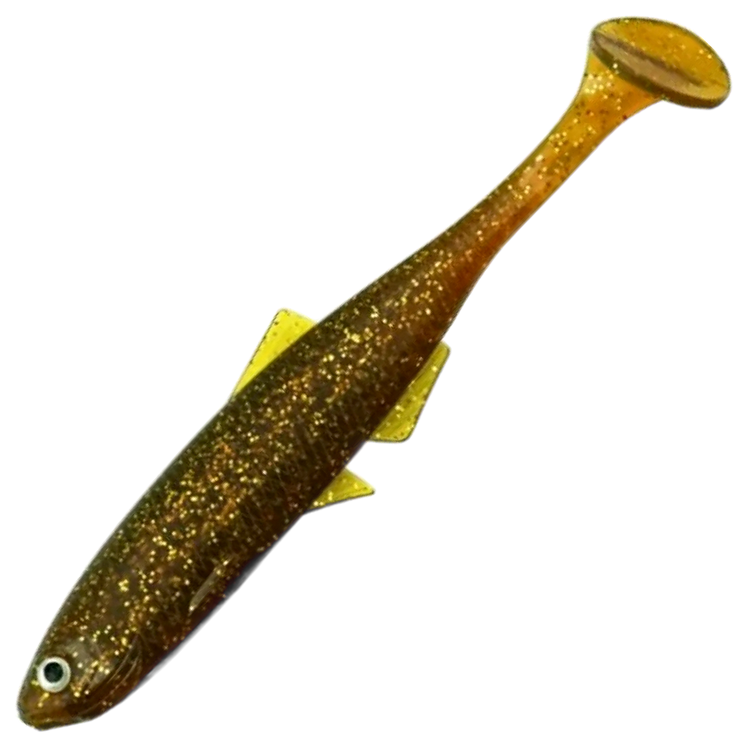 LMAB KØFI Bleak Shad Jigi 12cm, väri Motoroil: läpikuultava ruskea runko, kultahileet ja keltaiset evät