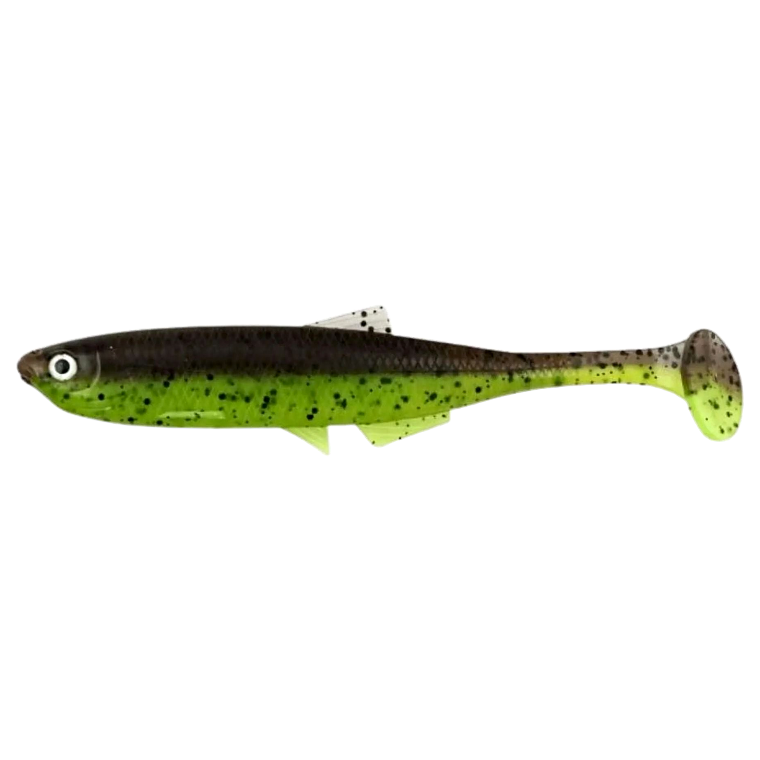 LMAB KØFI Bleak Shad Jigi 6cm Green Pumpkin/Chartreuse sivulta, pää vasemmalla