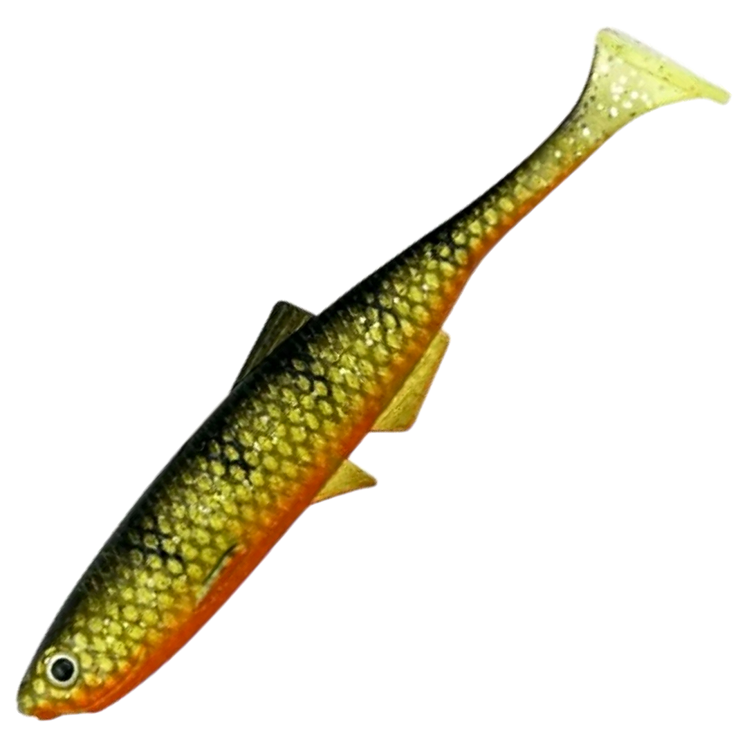 LMAB KØFI Bleak Shad Jigi 6cm, väri Natural Perch: vihreä selkä, tummat raidat ja oranssi vatsa