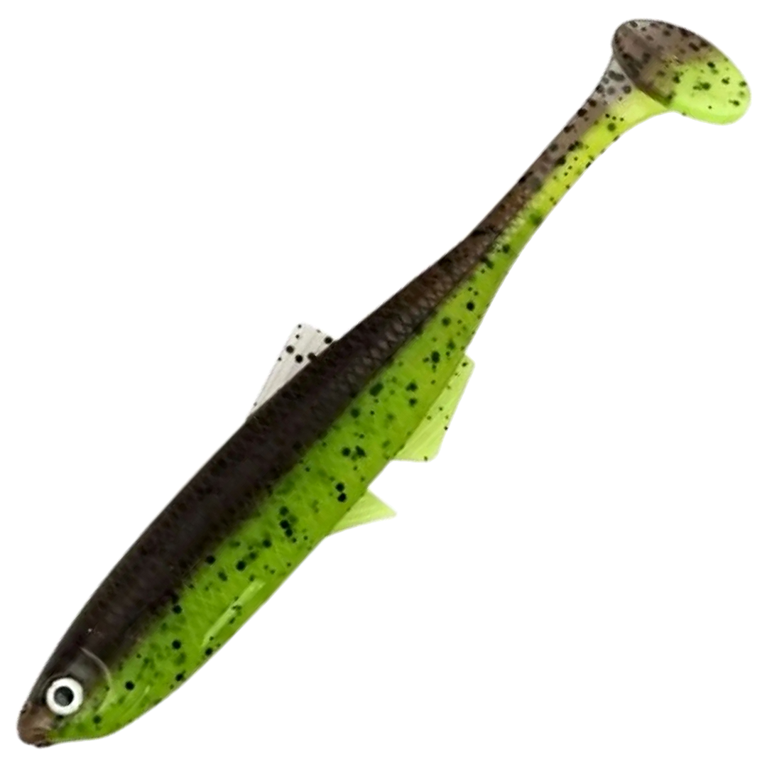 LMAB KØFI Bleak Shad Jigi 9cm, väri Green Pumpkin/Chartreuse: tumma oliivinruskea selkä ja kellanvihreä vatsa