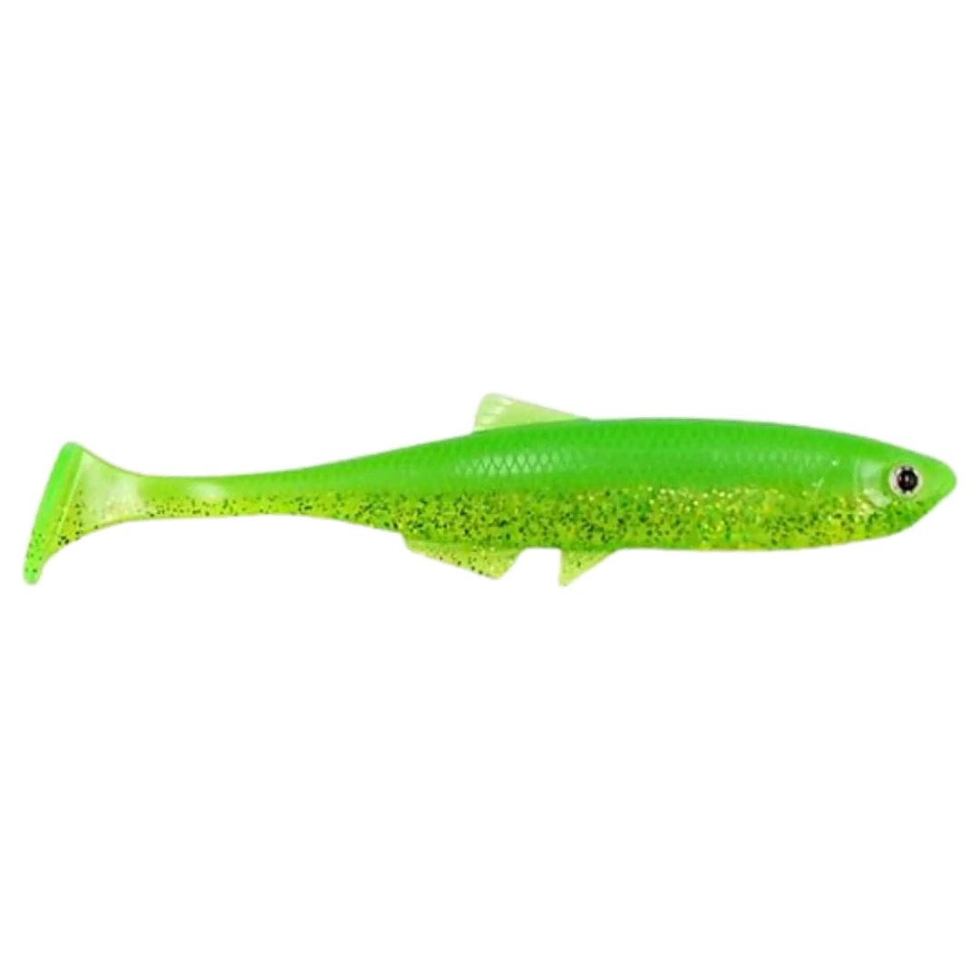 LMAB KØFI Bleak Shad Jigi 9cm Lime/ Chartreuse sivulta, pää oikealla