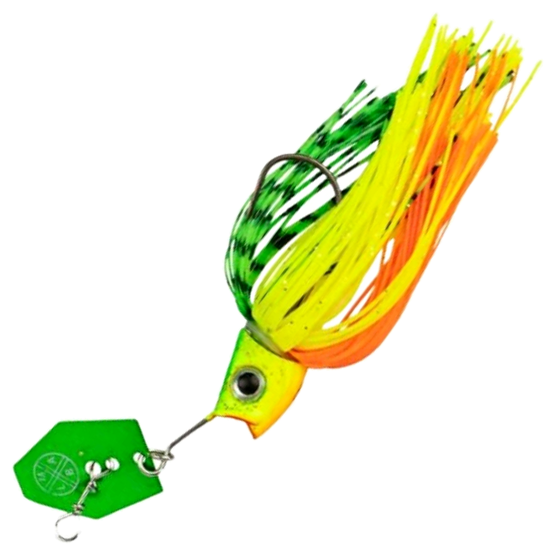 LMAB KØFI Multi Vibe Chatterbait 10g, väri Firetiger: keltavihreä pää, vihreä, keltainen ja oranssi helma, vihreä lapa