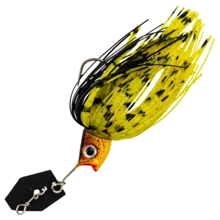 LMAB KØFI Multi Vibe Chatterbait 10g, väri Real Love: keltainen ja oranssi pää, keltainen helma mustin pilkuin, musta lapa