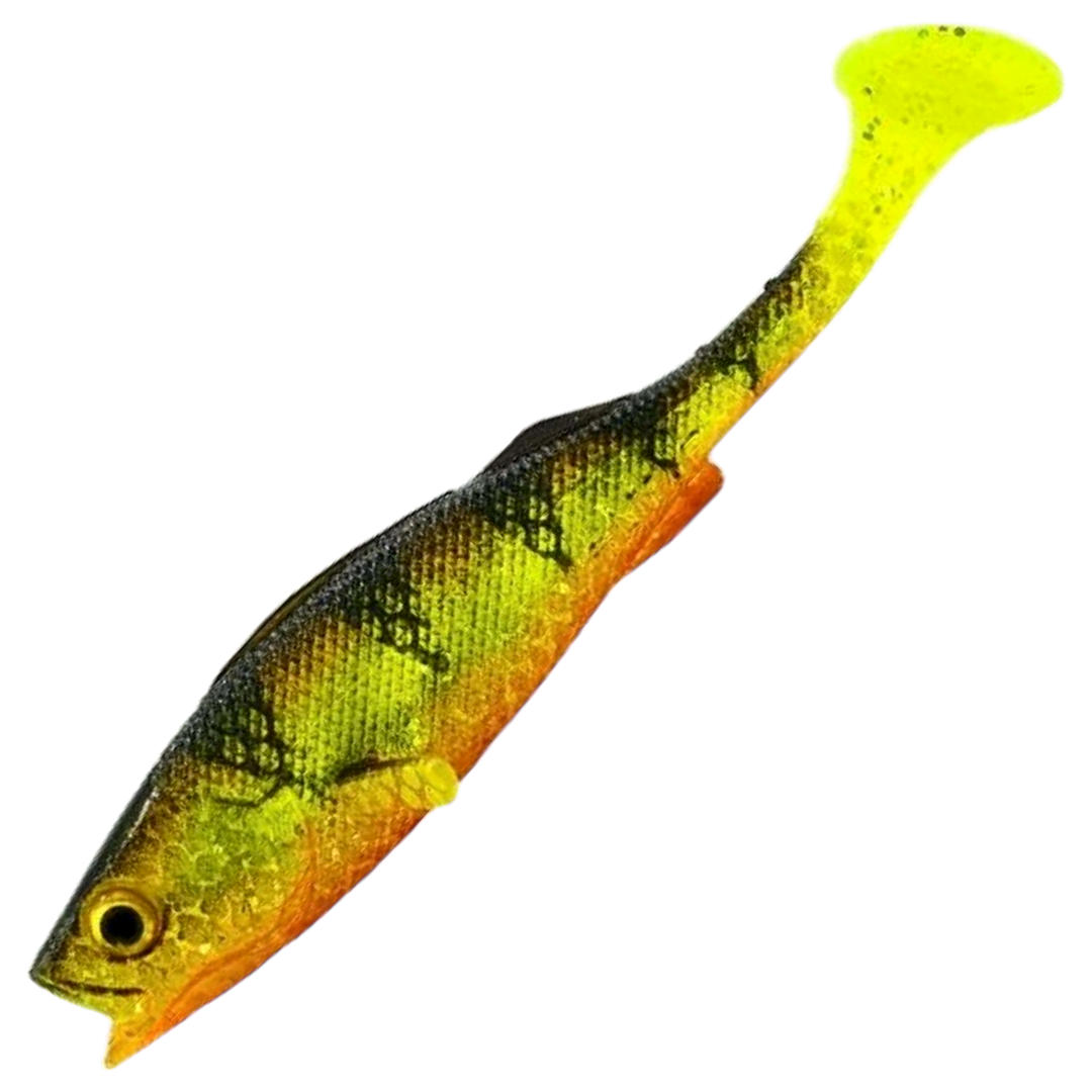 LMAB KØFI Perch Shad Jigi 11cm, väri Natural Perch: vihreä selkä, tummat raidat, oranssi vatsa ja keltainen pyrstö