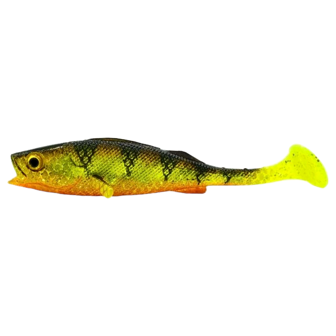 LMAB KØFI Perch Shad Jigi 11cm Natural Perch sivulta, pää vasemmalla