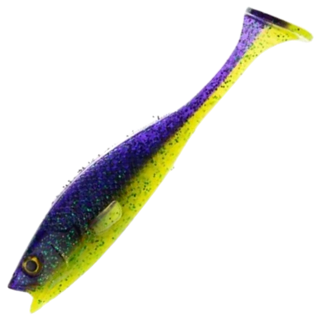 LMAB KØFI Perch Shad Jigi 11cm, väri Purple Rave: violetti selkä ja keltainen vatsa