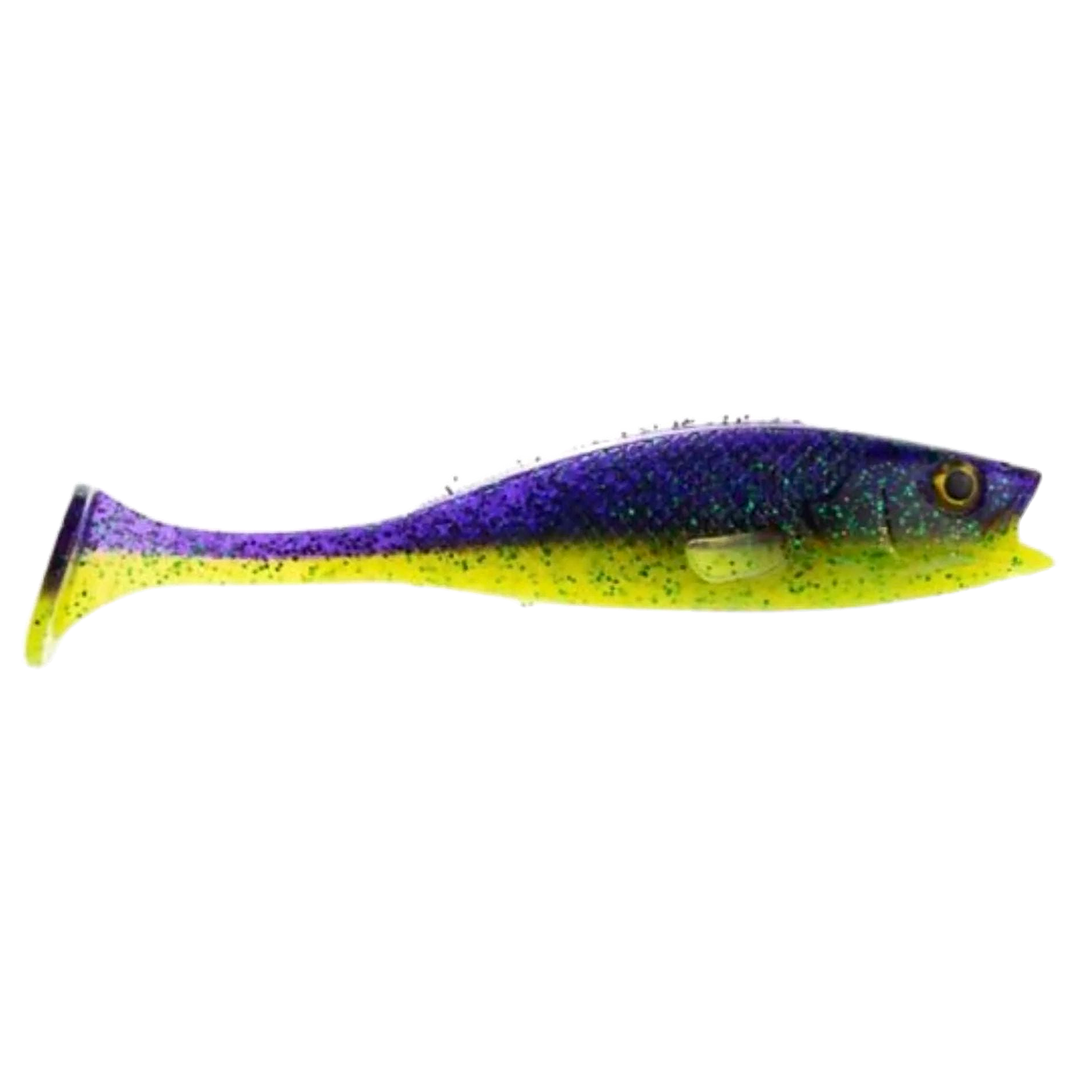 LMAB KØFI Perch Shad Jigi 11cm Purple Rave sivulta, pää oikealla