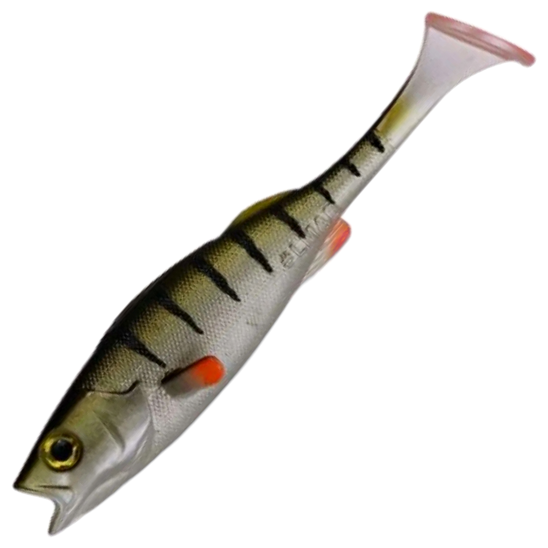 LMAB KØFI Perch Shad Jigi 11cm, väri Real Perch: oliivinharmaa selkä, tummat raidat ja oranssit evät