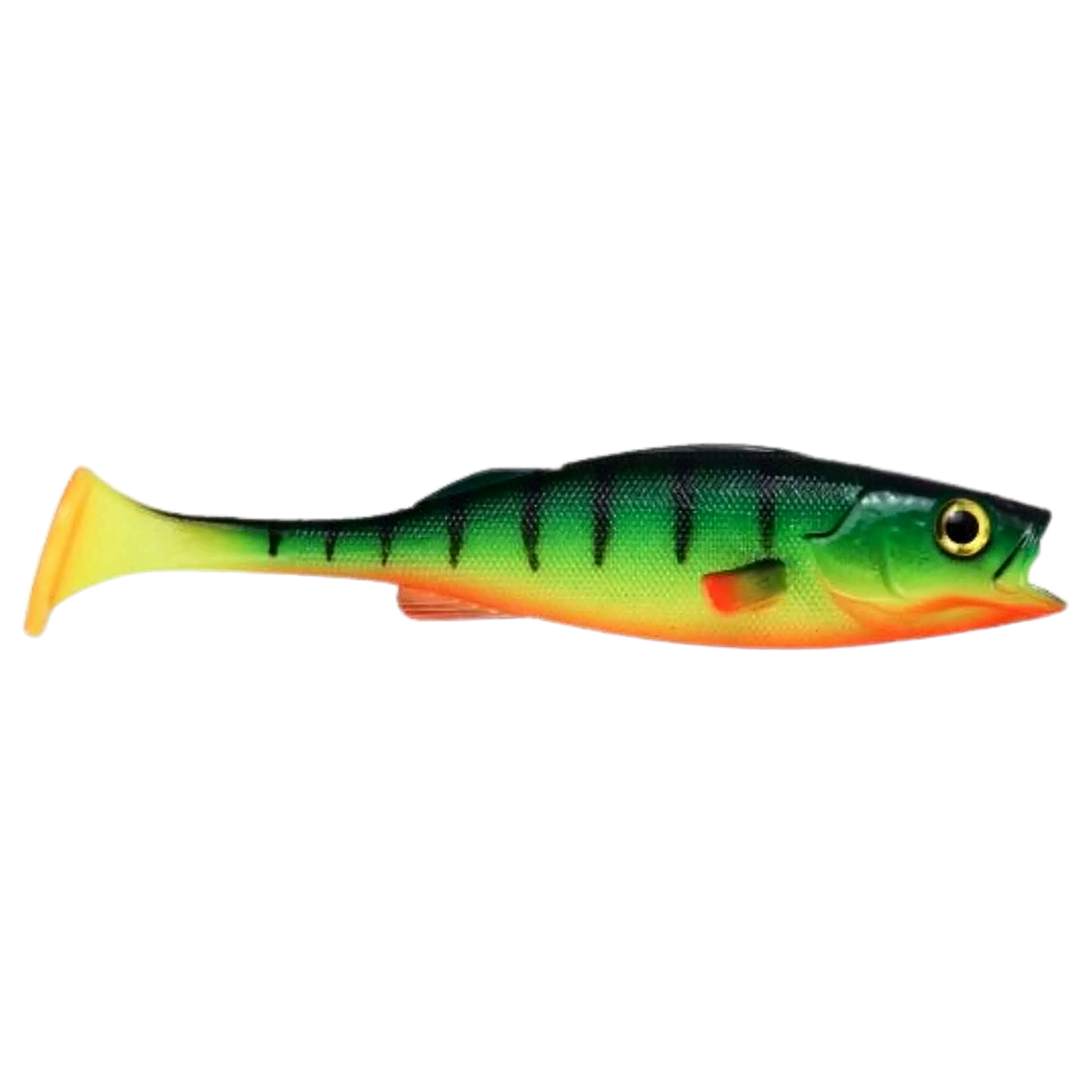 LMAB KØFI Perch Shad Jigi 7cm Firetiger sivulta, pää oikealla