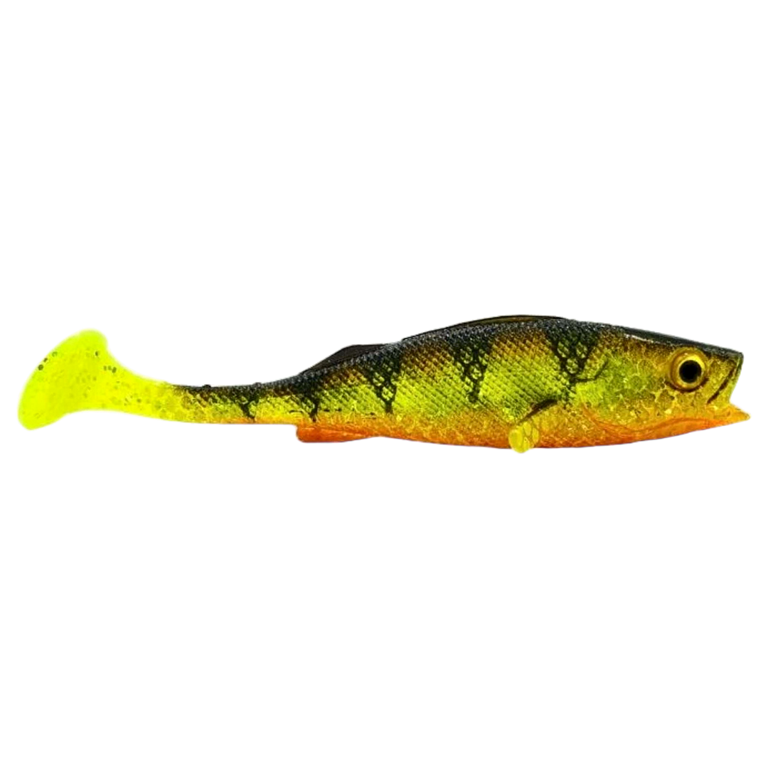LMAB KØFI Perch Shad Jigi 7cm Natural Perch sivulta, pää oikealla