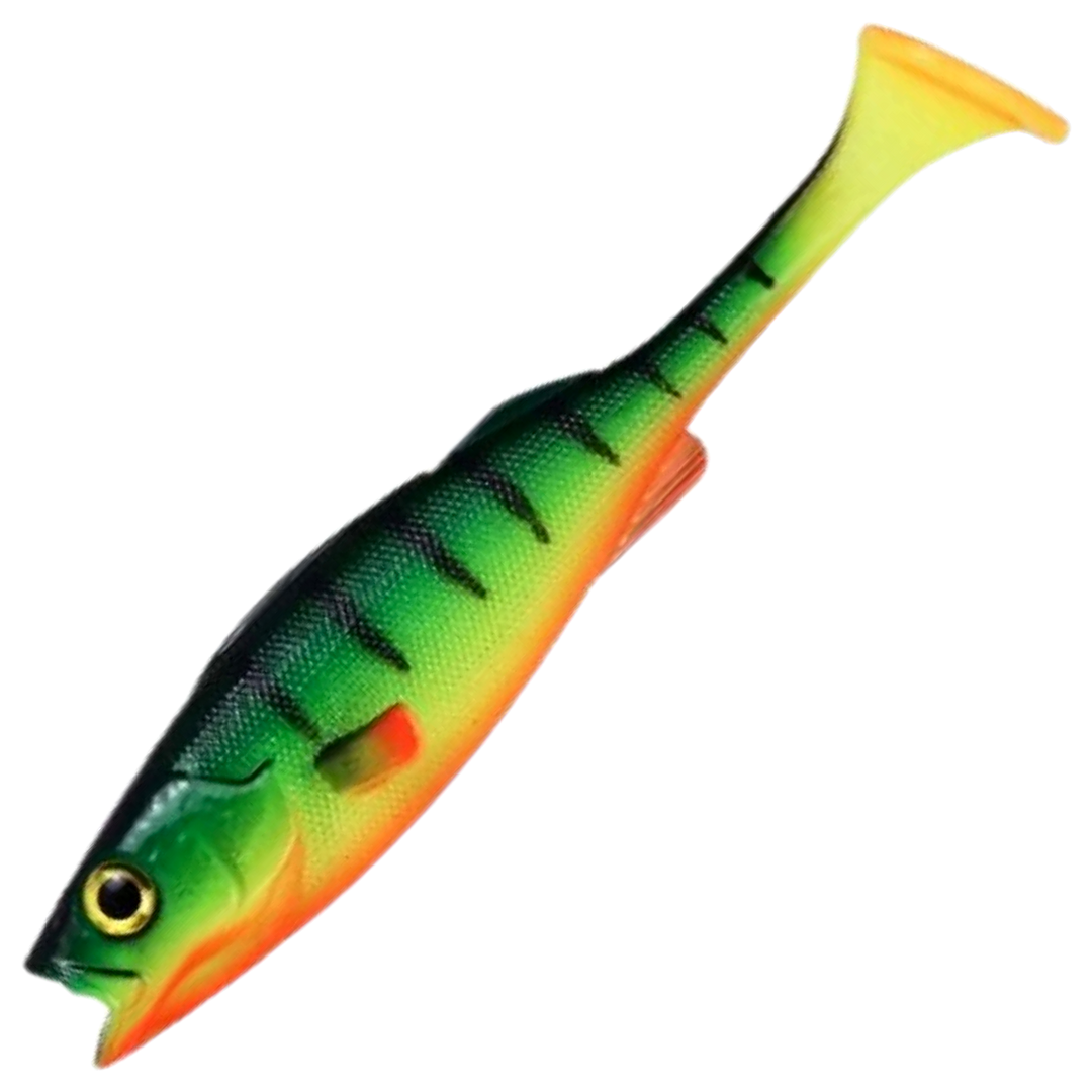 LMAB KØFI Perch Shad Jigi 9cm, väri Firetiger: vihreä selkä, mustat raidat ja oranssi vatsa