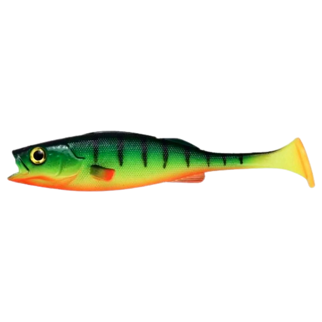 LMAB KØFI Perch Shad Jigi 9cm Firetiger sivulta, pää vasemmalla
