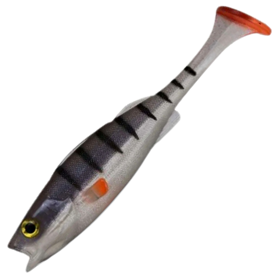 LMAB KØFI Perch Shad Jigi 9cm, väri Ghost Perch: harmaa selkä, tummat raidat ja oranssit evät