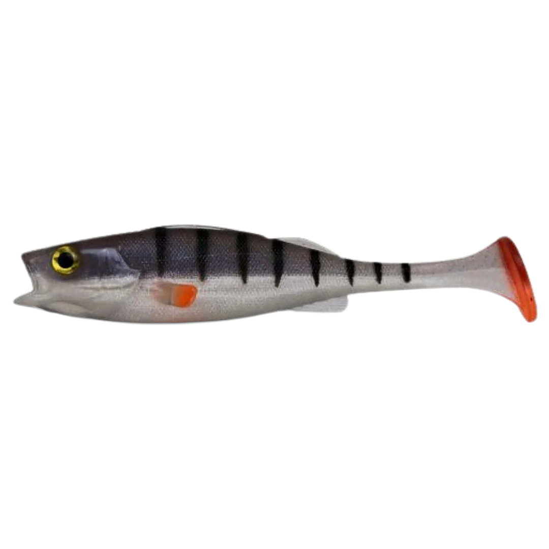 LMAB KØFI Perch Shad Jigi 9cm Ghost Perch sivulta, pää vasemmalla