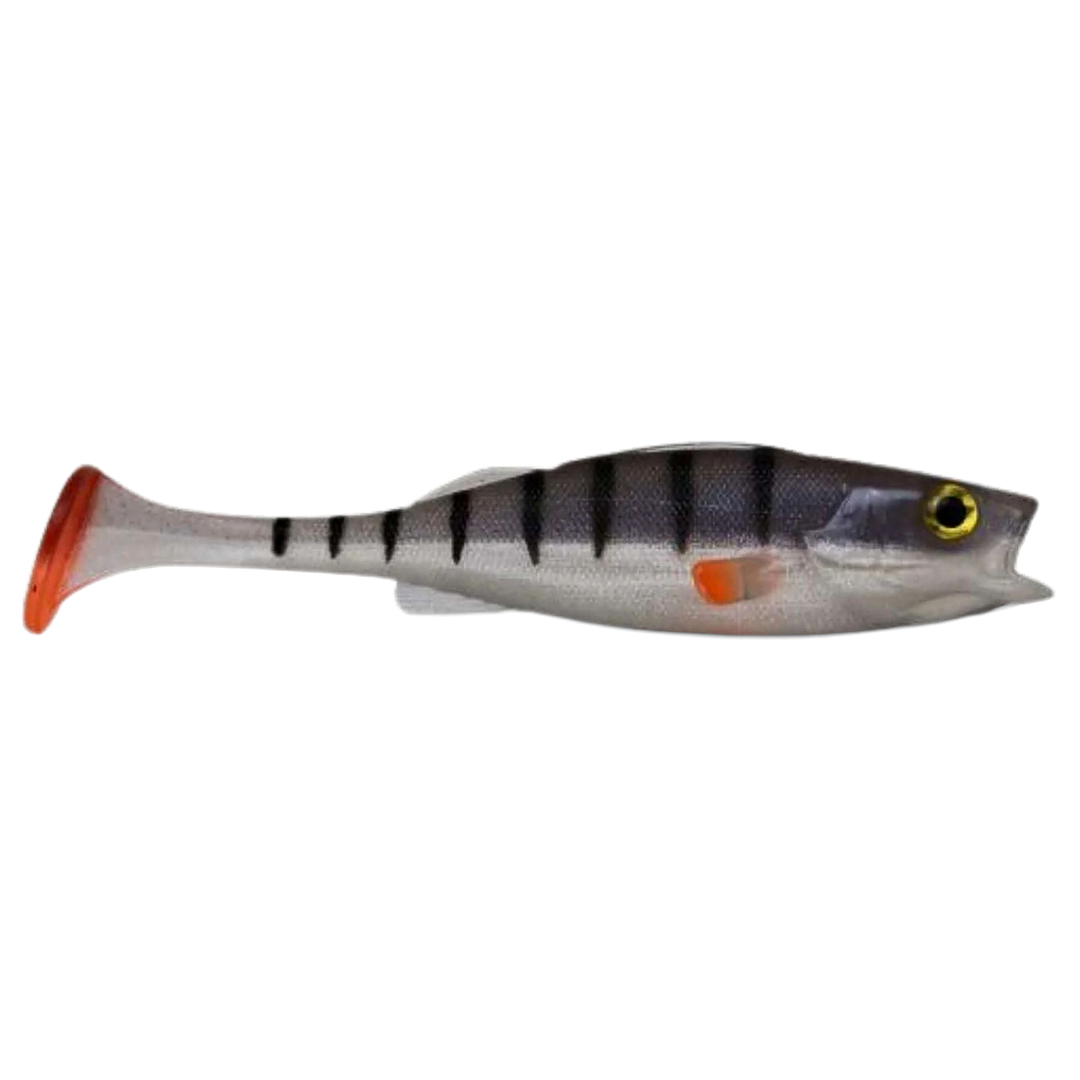LMAB KØFI Perch Shad Jigi 9cm Ghost Perch sivulta, pää oikealla