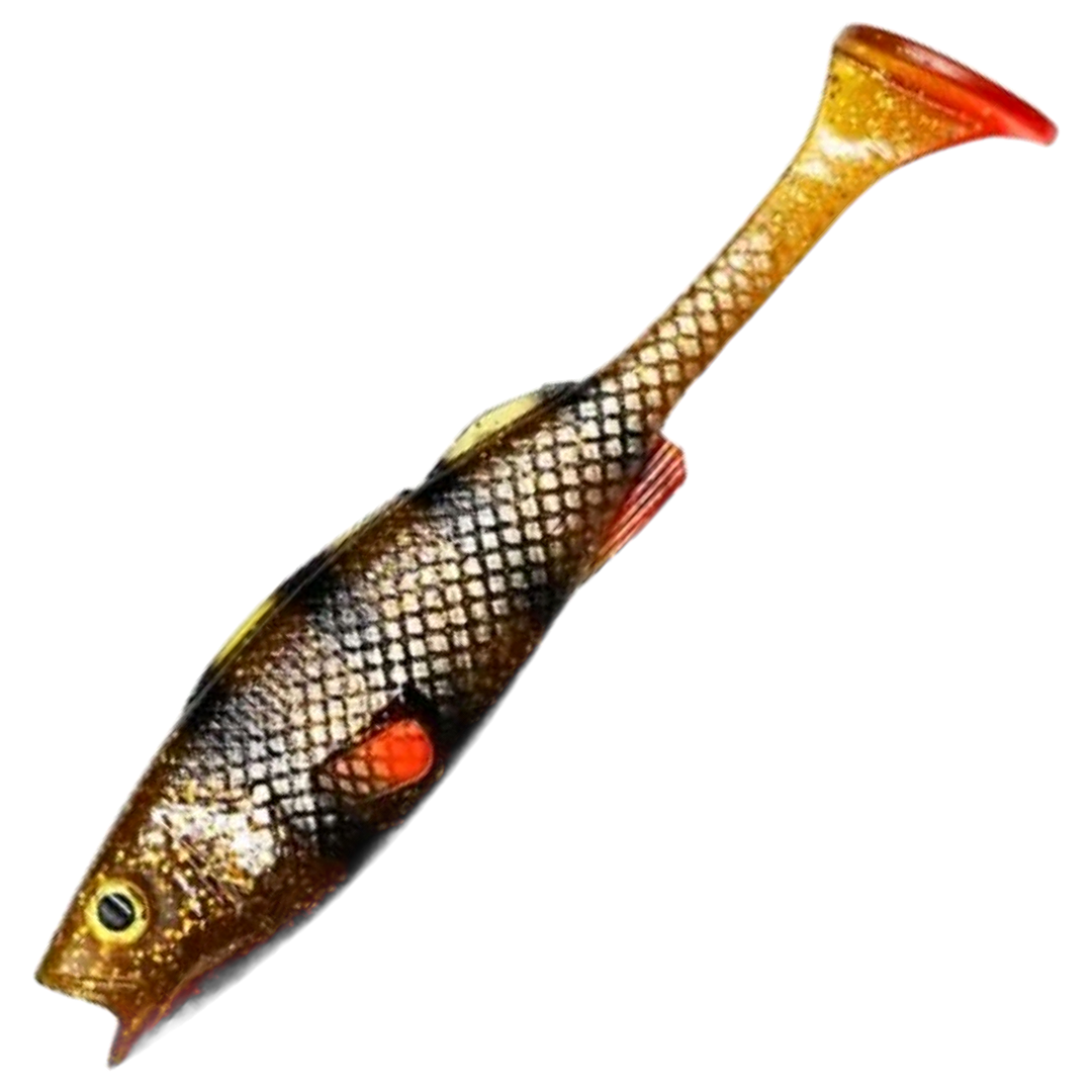 LMAB KØFI Perch Shad Jigi 9cm, väri Motoroil Perch: ruskea kuvioitu selkä, punaiset evät ja oranssi pyrstö