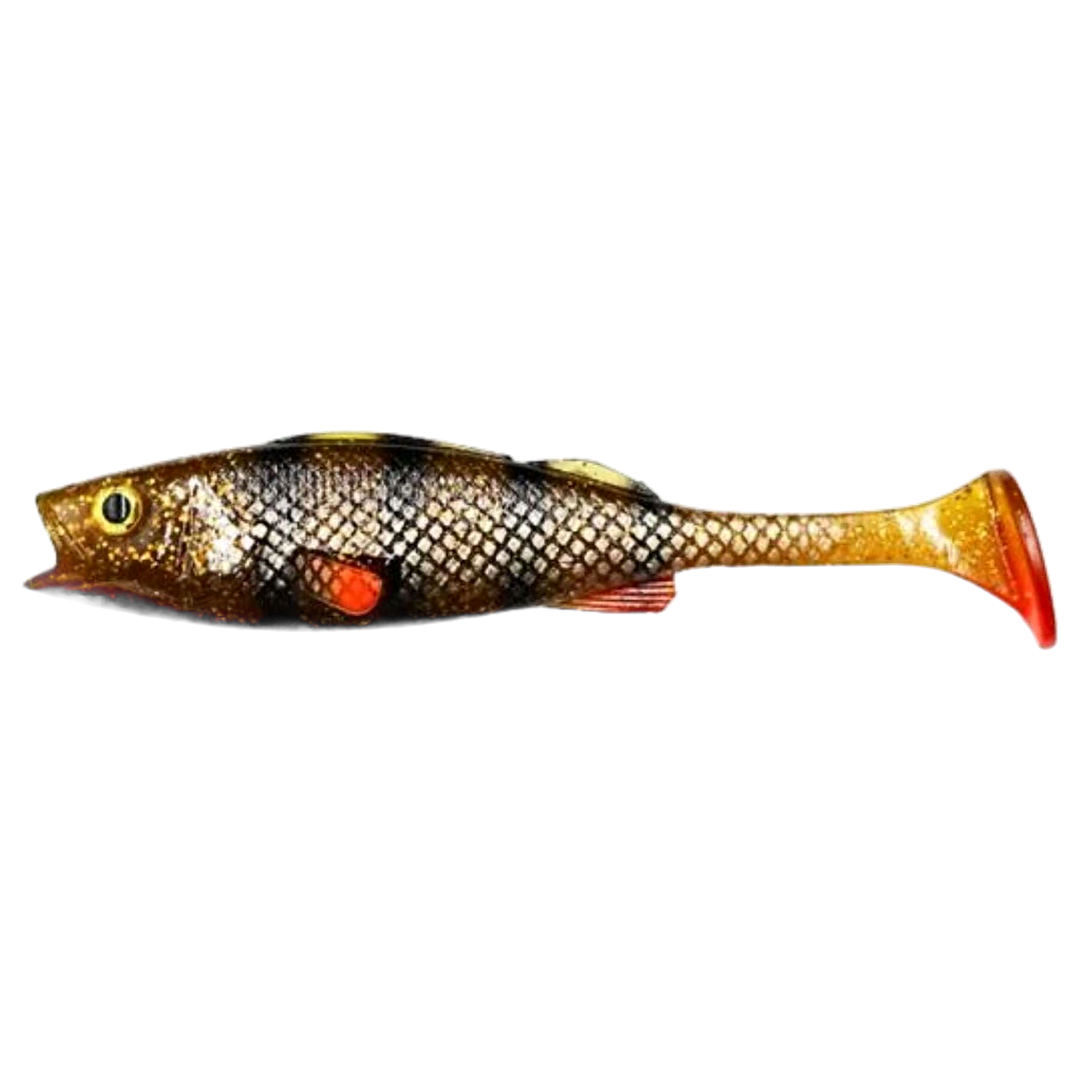 LMAB KØFI Perch Shad Jigi 9cm Motoroil Perch sivulta, pää vasemmalla