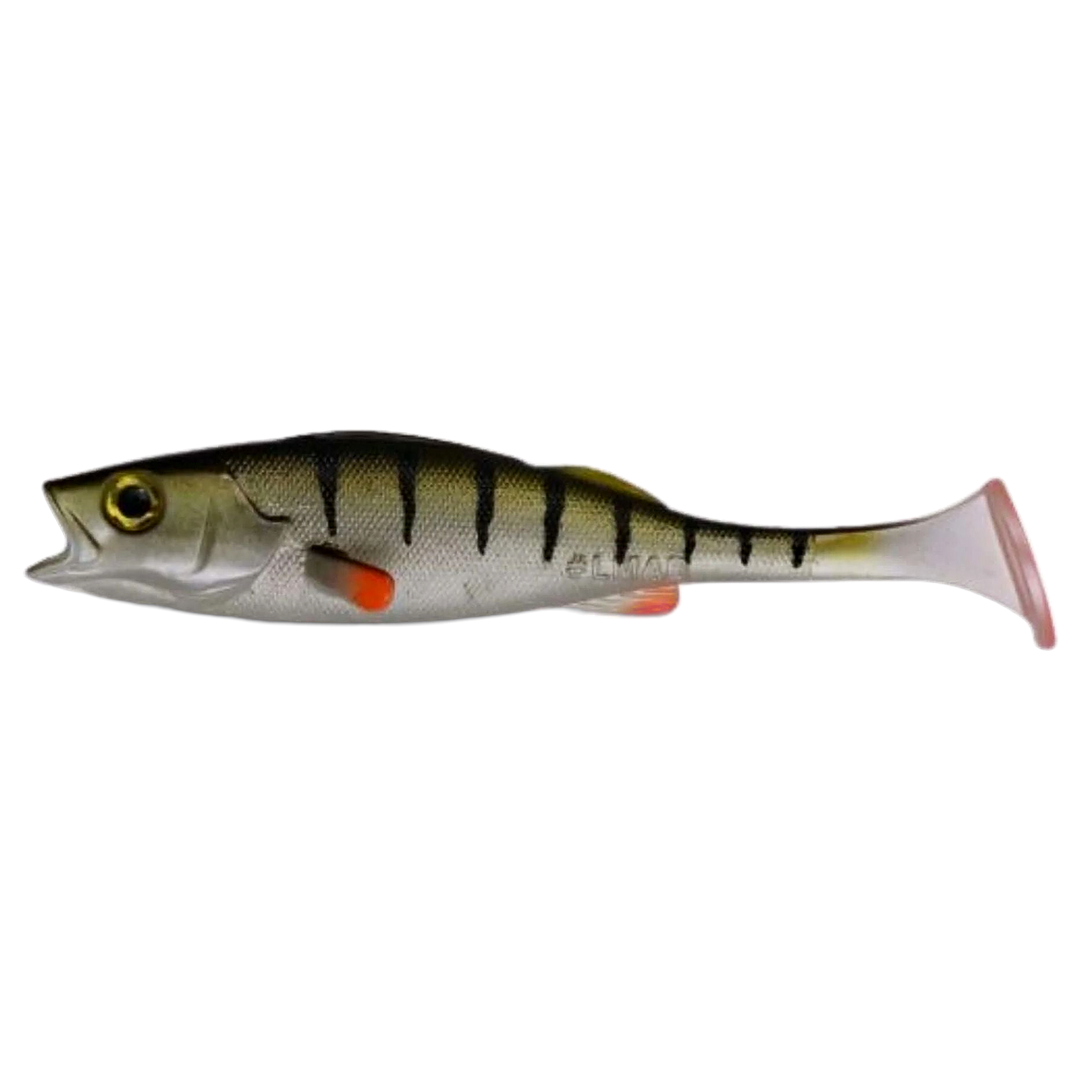 LMAB KØFI Perch Shad Jigi 9cm Real Perch sivulta, pää vasemmalla