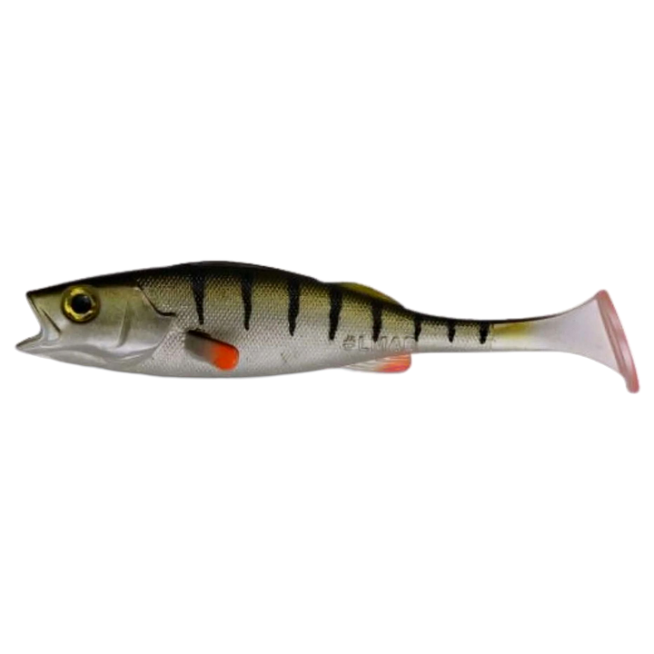 LMAB KØFI Perch Shad Jigi 9cm Real Perch sivulta, pää vasemmalla