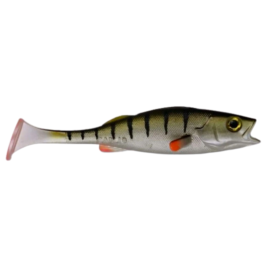 LMAB KØFI Perch Shad Jigi 9cm Real Perch sivulta, pää oikealla