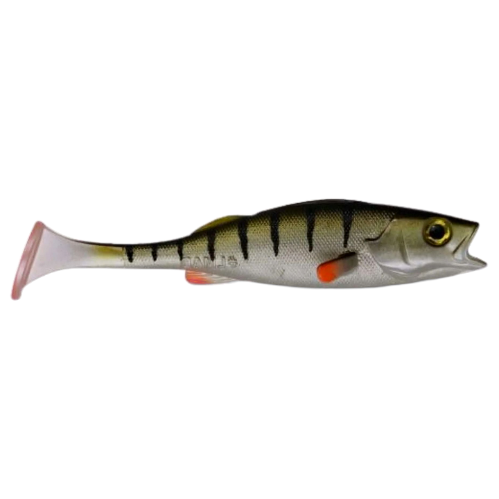 LMAB KØFI Perch Shad Jigi 9cm Real Perch sivulta, pää oikealla