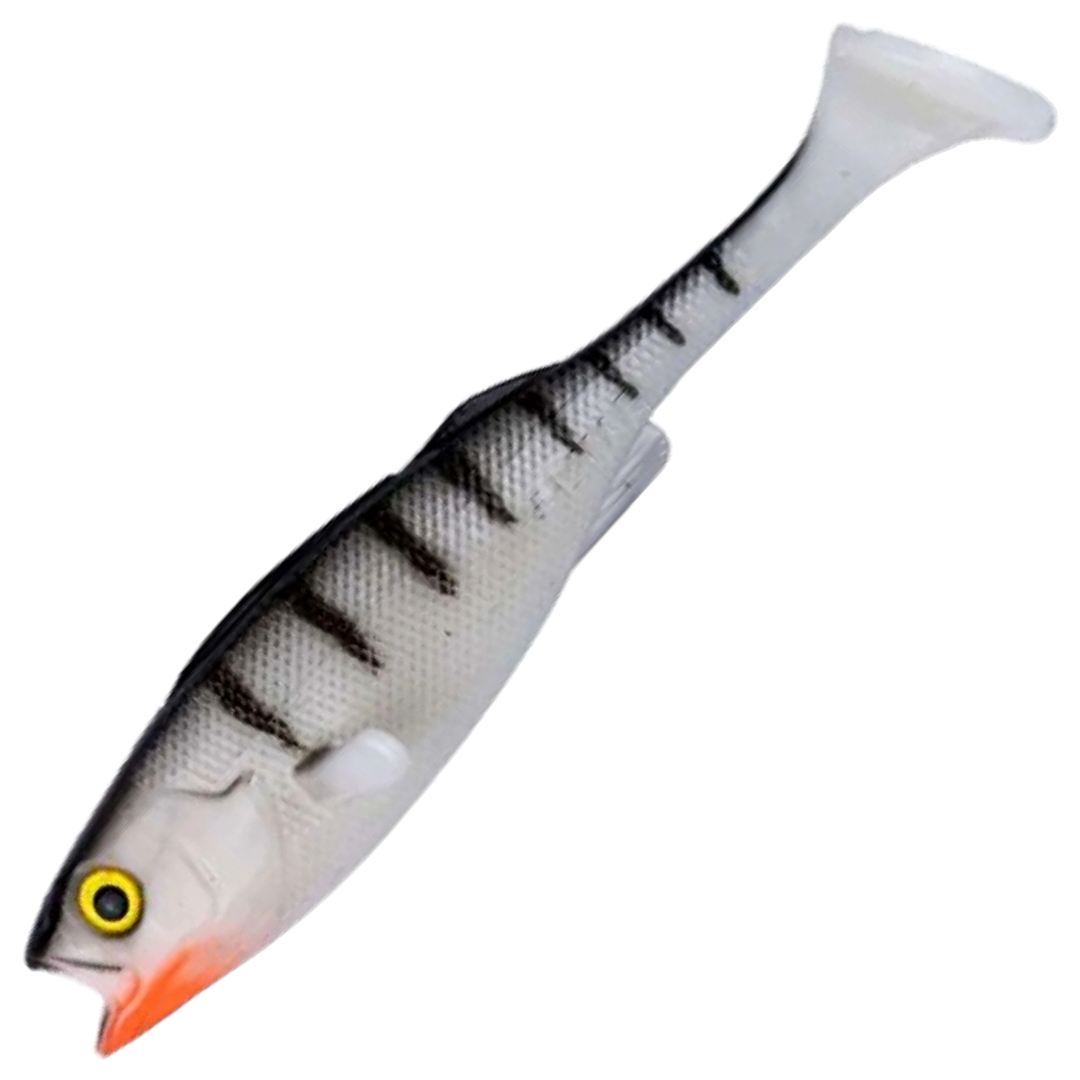 LMAB KØFI Perch Shad Jigi 9cm, väri White Tiger: valkoinen runko, tummat raidat ja vaalea pyrstö
