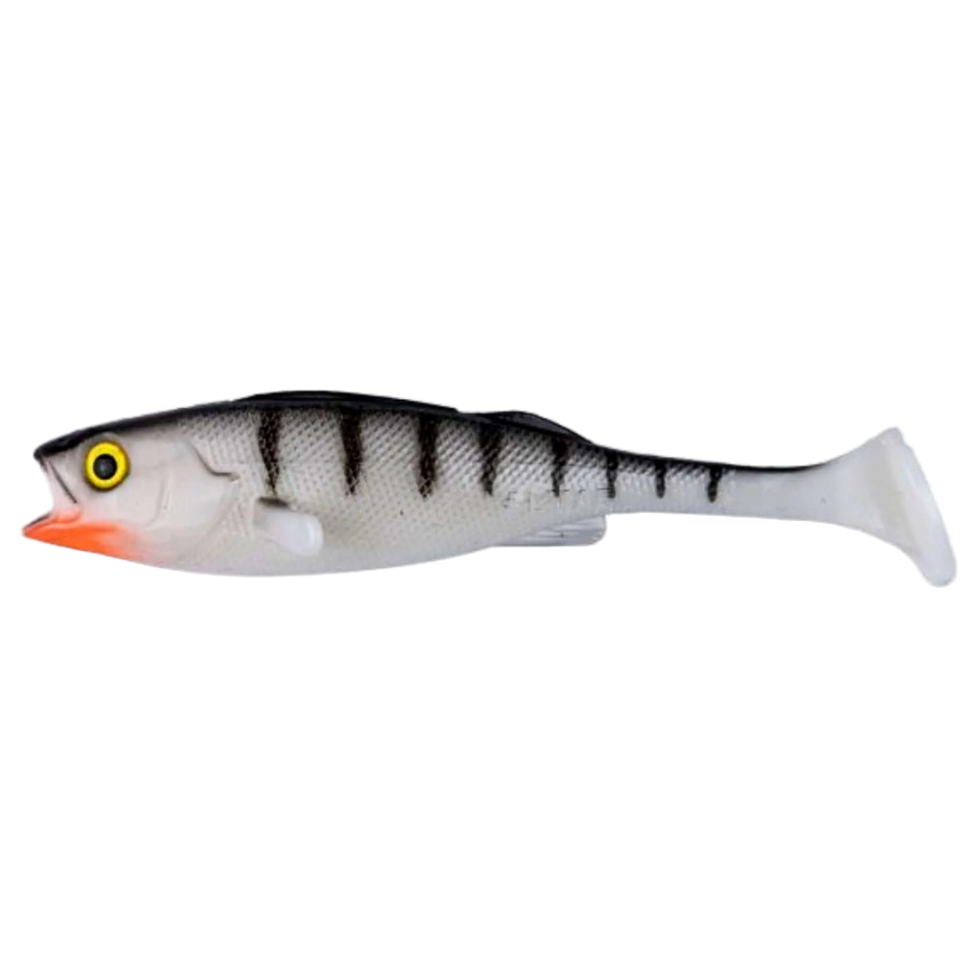 LMAB KØFI Perch Shad Jigi 9cm White Tiger sivulta, pää vasemmalla