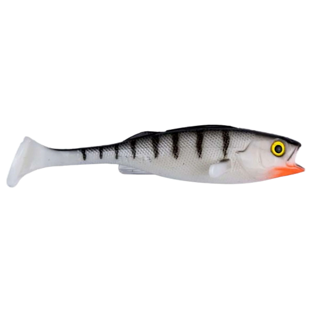 LMAB KØFI Perch Shad Jigi 9cm White Tiger sivulta, pää oikealla
