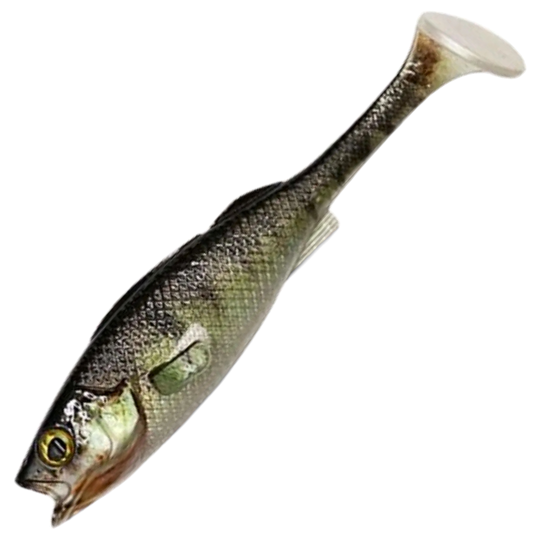 LMAB KØFI Perch Shad Jigi 9cm, väri Zander Skin: harmaa kuvioitu selkä ja vaalea vatsa