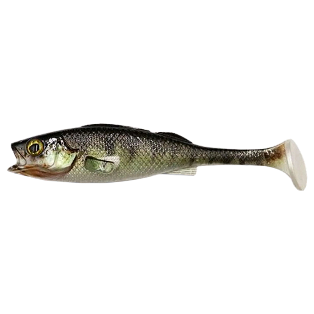LMAB KØFI Perch Shad Jigi 9cm Zander Skin sivulta, pää vasemmalla