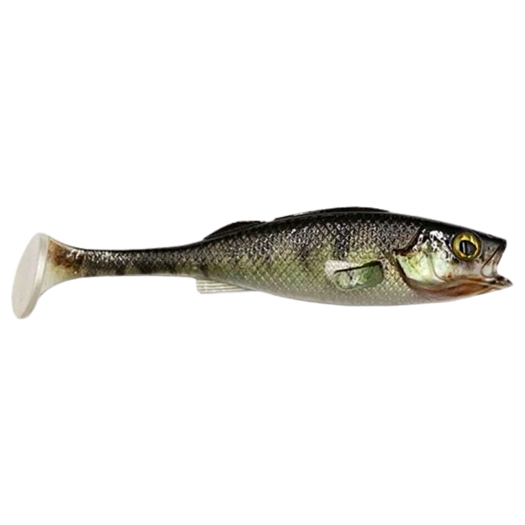 LMAB KØFI Perch Shad Jigi 9cm Zander Skin sivulta, pää oikealla