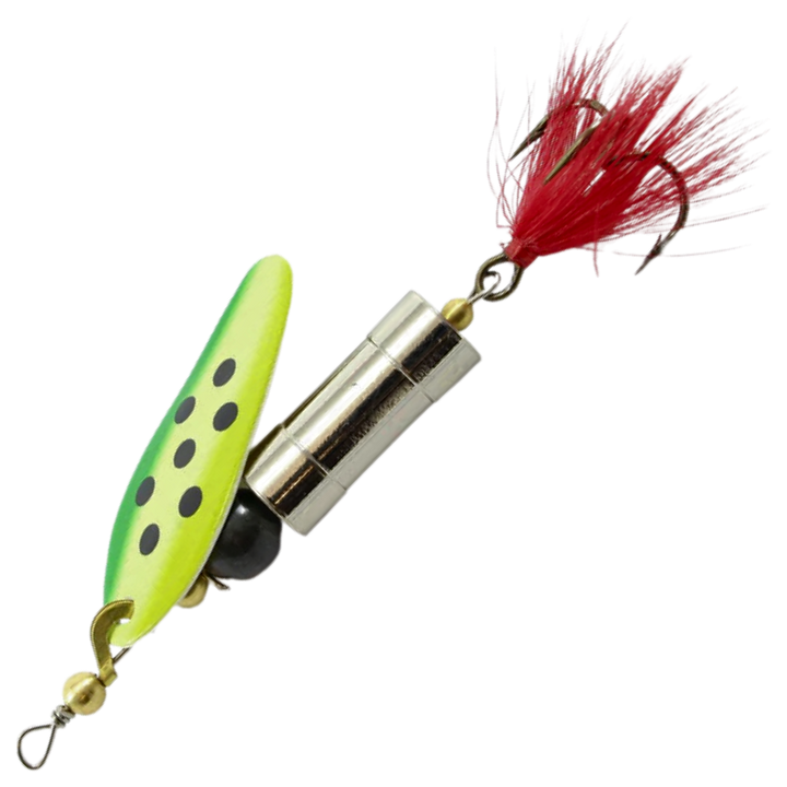 Myran Tuna Lax lippauistin 30g, väri Lemon: keltavihreä lippa ja mustat pilkut, hopeinen runko