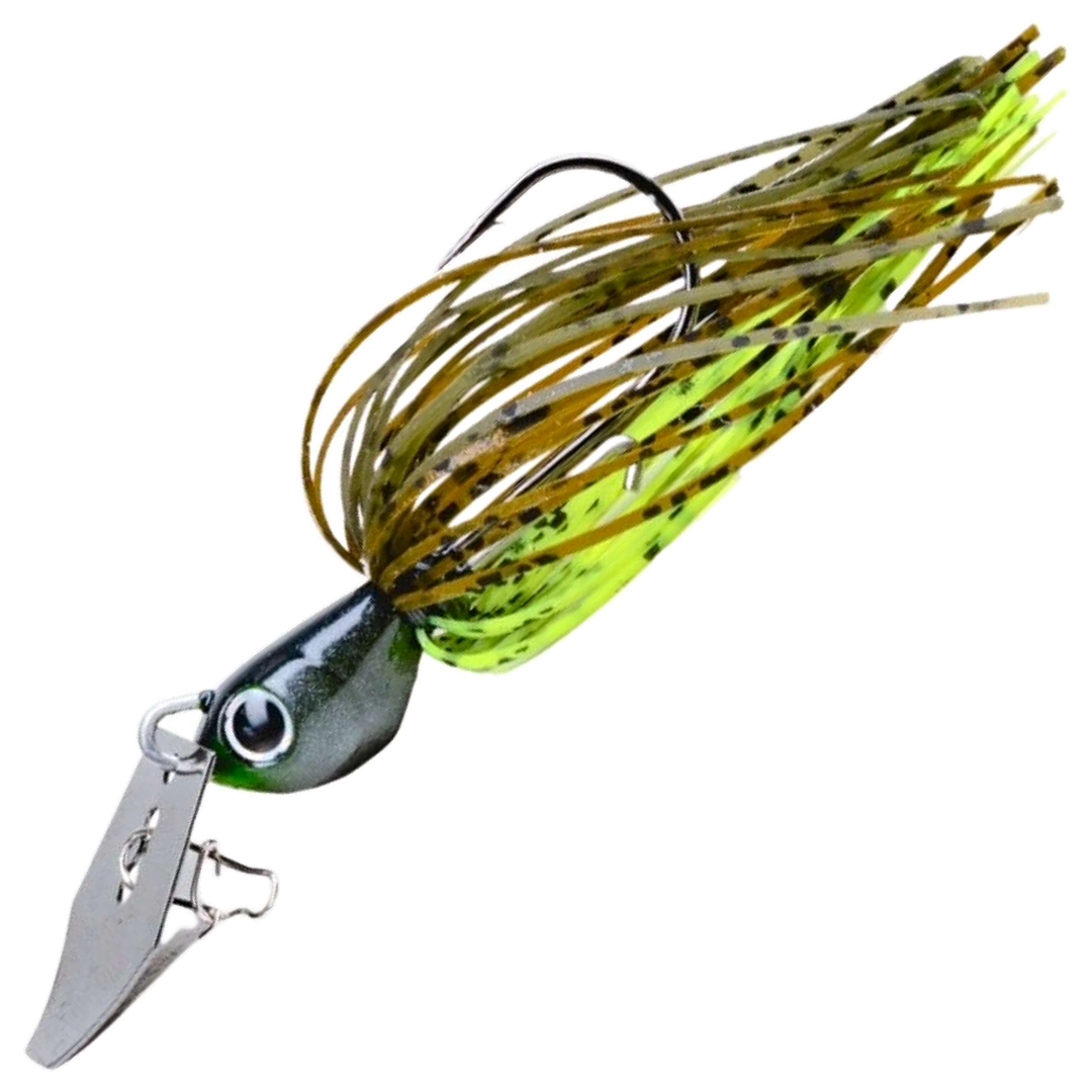 Noike Kaishin ChatterBlade 10.5g, väri Greenpumpkin/Chartreuse: tummanharmaa pää, ruskea ja keltainen helma, hopeinen lapa