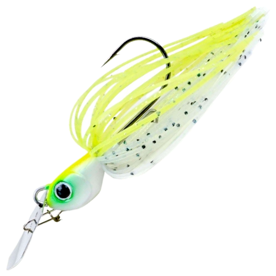 Noike Kaishin ChatterBlade 10.5g, väri White Chartreuse: vihreä pää, keltavalkoinen helma, mustat pilkut, hopeinen lapa