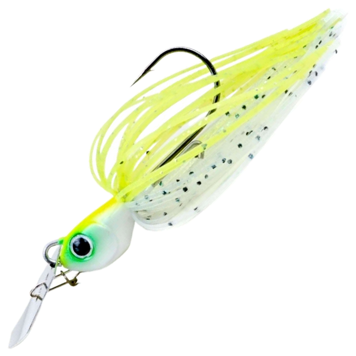 Noike Kaishin ChatterBlade 10.5g, väri White Chartreuse: vihreä pää, keltavalkoinen helma, mustat pilkut, hopeinen lapa