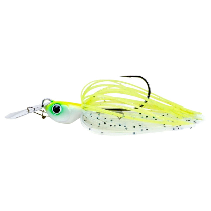 Noike Kaishin ChatterBlade 10.5g White Chartreuse sivulta, pää vasemmalla