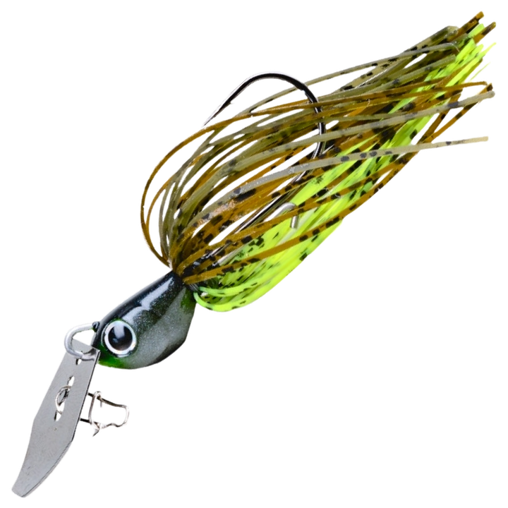Noike Tiny Kaishin ChatterBlade 7g, väri Greenpumpkin/Chartreuse: tummanharmaa pää, ruskea ja keltainen helma, hopeinen lapa