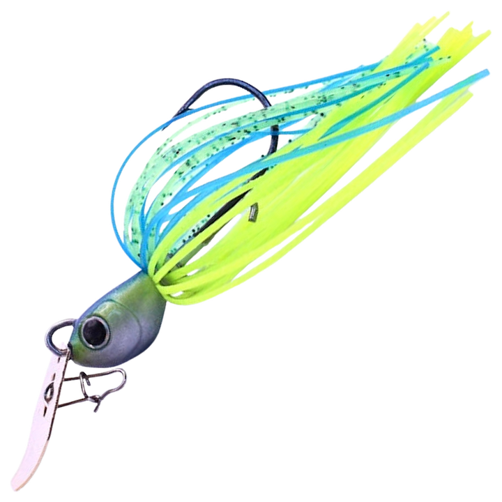 Noike Tiny Kaishin ChatterBlade 9g, väri Blue/Chartreuse: harmaa pää, keltainen ja sininen helma, vaalea lapa