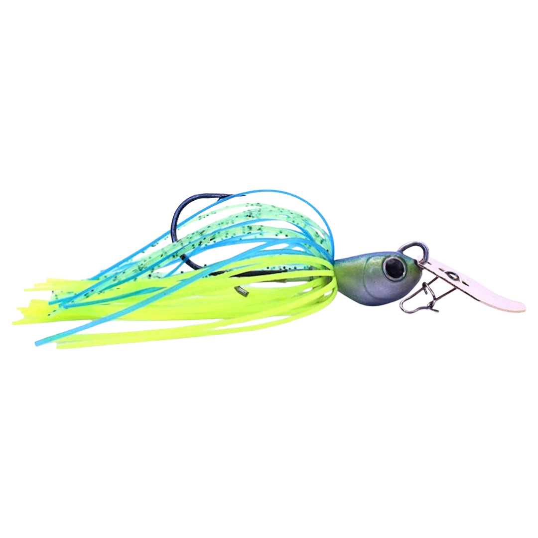 Noike Tiny Kaishin ChatterBlade 9g Blue/Chartreuse sivulta, pää oikealla