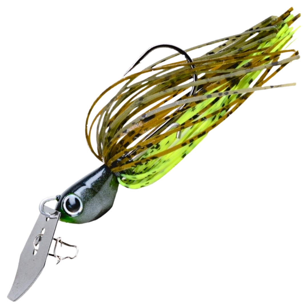Noike Tiny Kaishin ChatterBlade 9g, väri Greenpumpkin/Chart: tummanharmaa pää, ruskea ja keltainen helma, hopeinen lapa