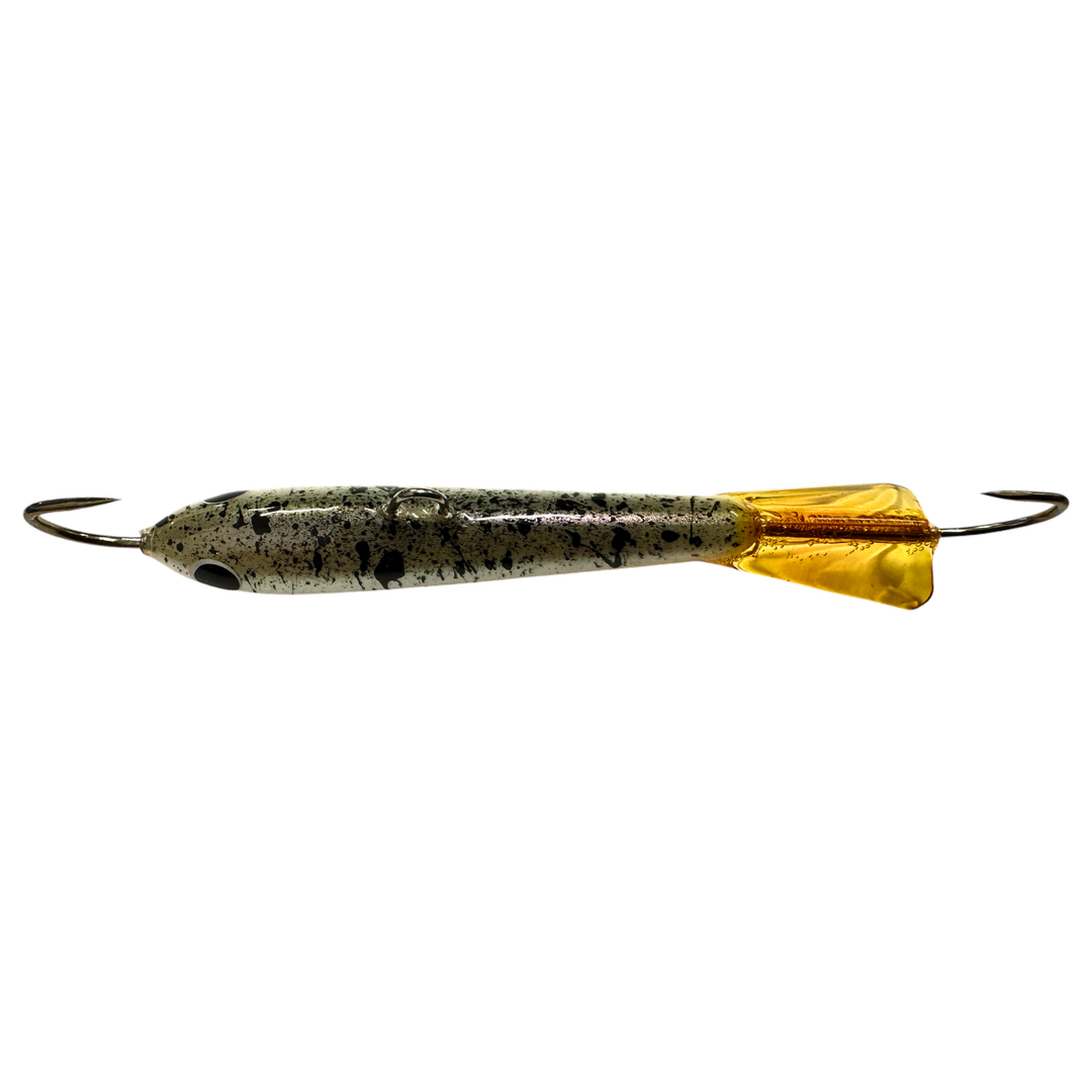 Pilkkipaja Kapten Levypyrstö Tasapaino 83mm 21g Splatter yläpuolelta, pää vasemmalla