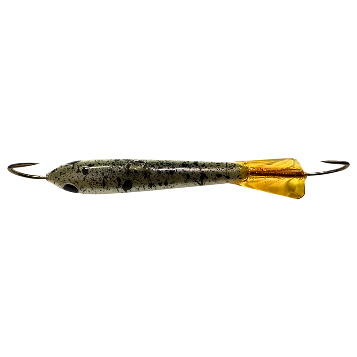 Pilkkipaja Kapten Levypyrstö Tasapaino 83mm 21g Splatter yläpuolelta, pää vasemmalla