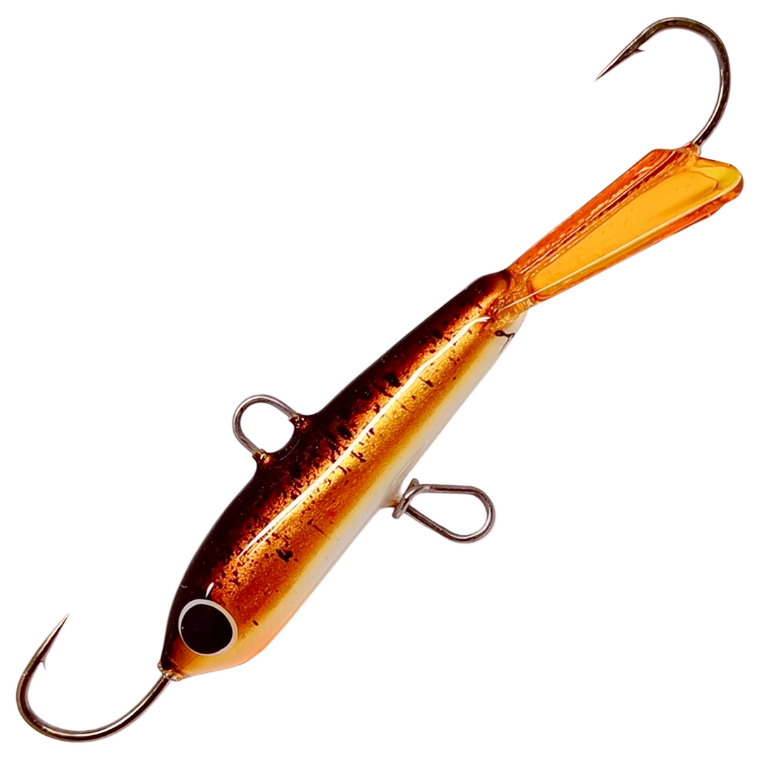Pilkkipaja Pommi Levypyrstö Tasapaino 78mm 18g, väri Metallic Kiiski: kuparinen kylki mustin pilkuin, oranssi pyrstö
