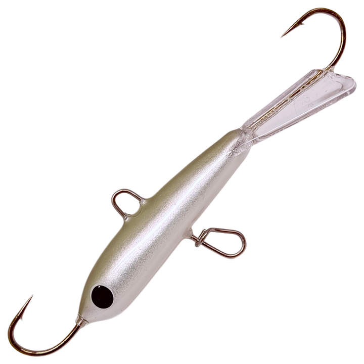 Pilkkipaja Pommi Levypyrstö Tasapaino 78mm 18g, väri Metallic kuore: vaaleanharmaa helmiäinen runko, kirkas pyrstö